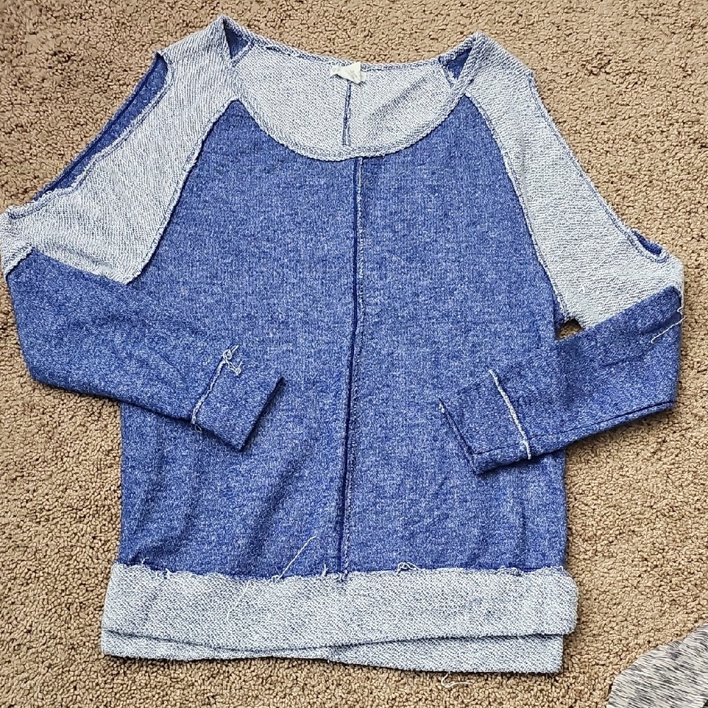 Aeropostale Blue and Gray Off-the-Shoulder Sweater with Raglan Sleeves
